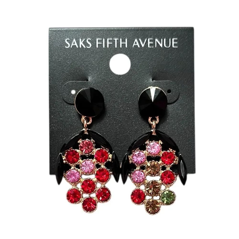 Saks Fifth Avenue Black Drop Earrings with Multicolor Crystal Clusters